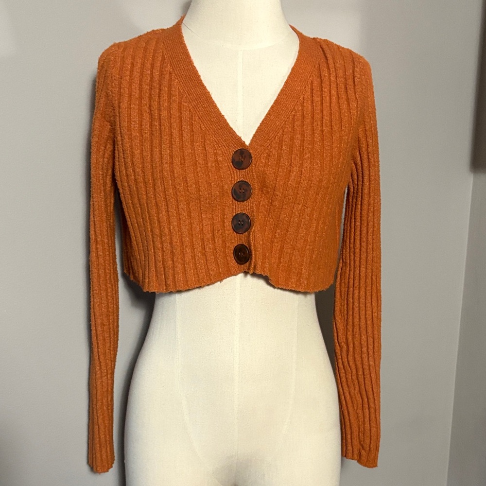Urban Outfitters XS Burnt Orange Rose Ribbed Crop Cardigan Sweater